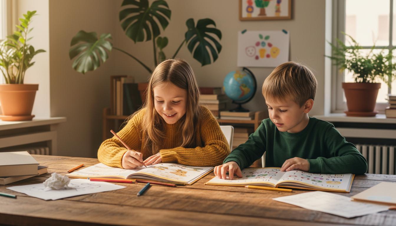 Children learning with educational workbooks
